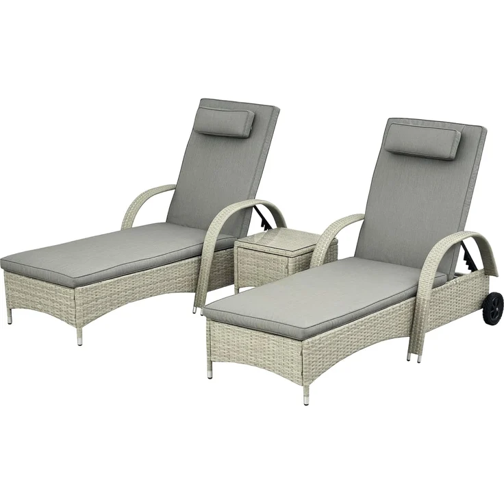 Outsunny Gartenliege Tisch 3er-Set Gartenmöbel, Polyrattan+Metall Grau, Liege, 3 St, Sonnenliege, Modern, Stabil, Praktisch, Witterungsbeständig – Bild 1