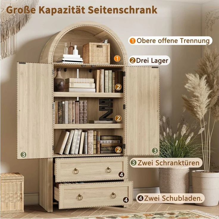 BlingBin Hochschrank Mehrzweckschrank Highboard Sideboard (Aufbewahrungsschrank mit Bogenform, 1-St, mit Rattantüren, offenen Regalen, 2 Schubladen, seitlichen Haken) 80 x 40 x 180 cm, Retro Vintage Schrank für Wohn- und Schlafzimmer – Bild 2