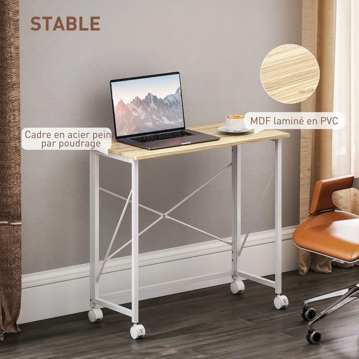 Klappbarer Computertisch 80 x 40 cm auf Rollen für das Homeoffice, das Schlafzimmer, kleine Räume, Eiche – Bild 8
