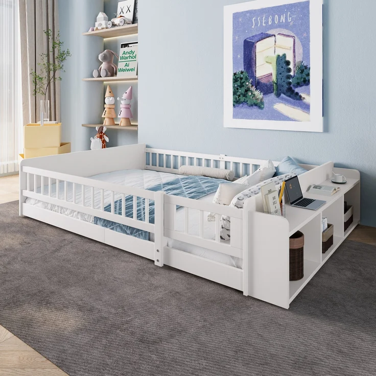 Kinderbett mit Lattenrost und Zaun (140x200 cm) Rausfallschutz, Stauraum, Einzelbett, Holzbett, Kiefer – Bild 1