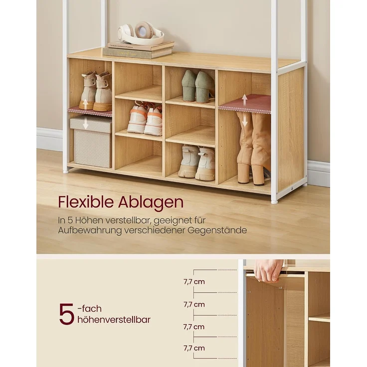 VASAGLE Kleiderständer, Garderobe mit Schuhregal, mit Haken und verstellbaren Ablagen, Industrie-Stil, goldeichenfarben-weiß – Bild 4