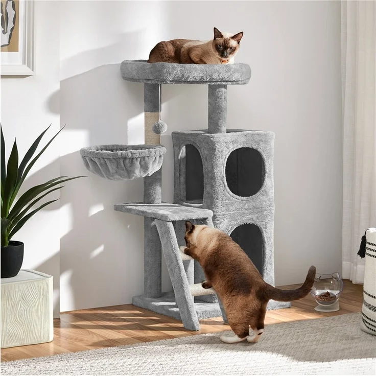 Yaheetech Kratzbaum 94 cm (H), Katzenbaum mit 2 Katzenhöhle, Liegemulde, Hängende Plüschball, Treppe – Bild 2