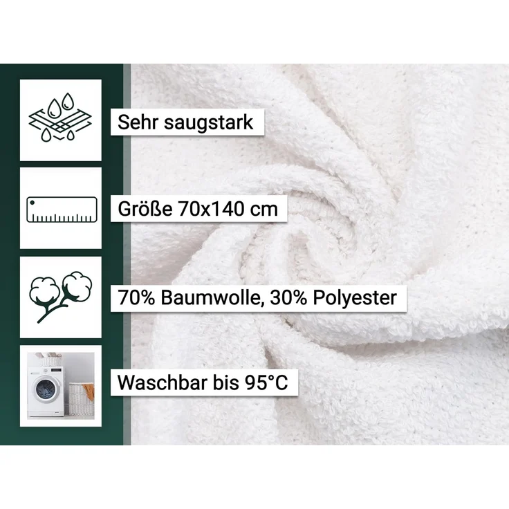 ZOLLNER 5er Set Duschtücher 70% Baumwolle, 30% Polyester, 70x140 cm, weiß – Bild 3