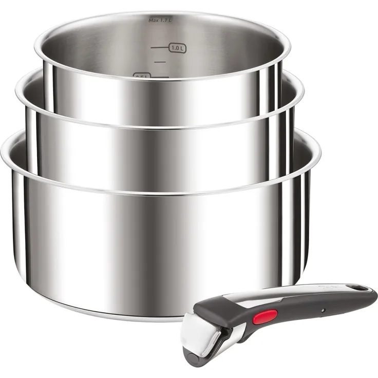 Tefal Ingenio Preference On 4-teiliges Kasserollenset, 16/18/20 cm, Topfset abnehmbarer Griff, Topfset Induktion stapelbar, platzsparend, einfache Handhabung und Reinigung, Edelstahl, L898S3