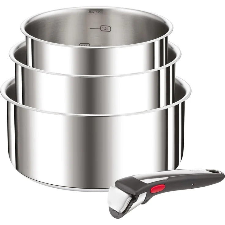 Tefal Ingenio Preference On 4-teiliges Kasserollenset, 16/18/20 cm, Topfset abnehmbarer Griff, Topfset Induktion stapelbar, platzsparend, einfache Handhabung und Reinigung, Edelstahl, L898S3 – Bild 1