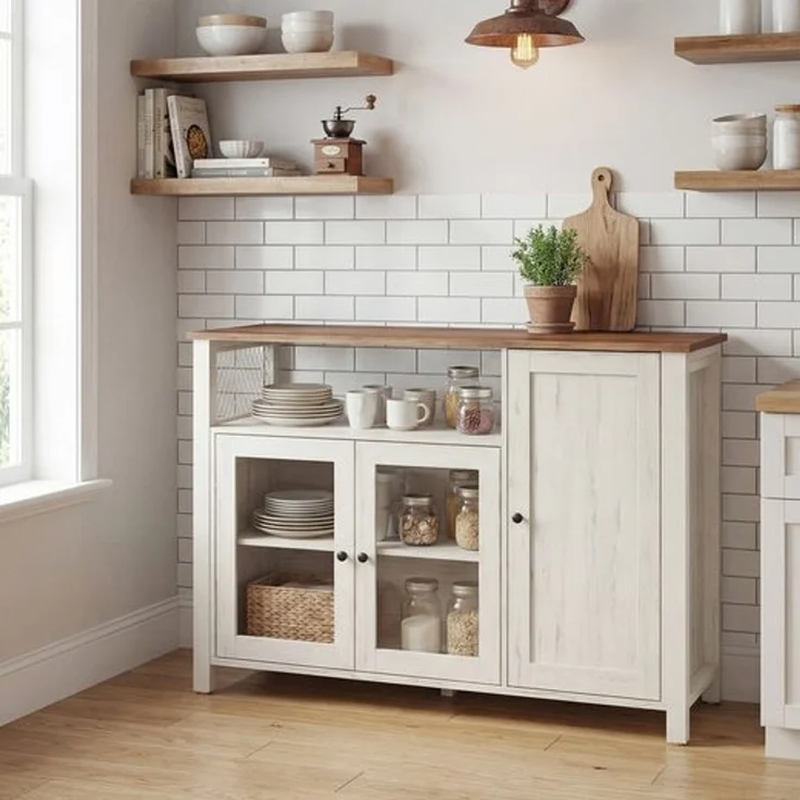 VASAGLE Küchenschrank, 33 x 110 x 75 cm, Aufbewahrungsschrank im Landhausstil, für Esszimmer oder Küche, braun-weiß – Bild 3