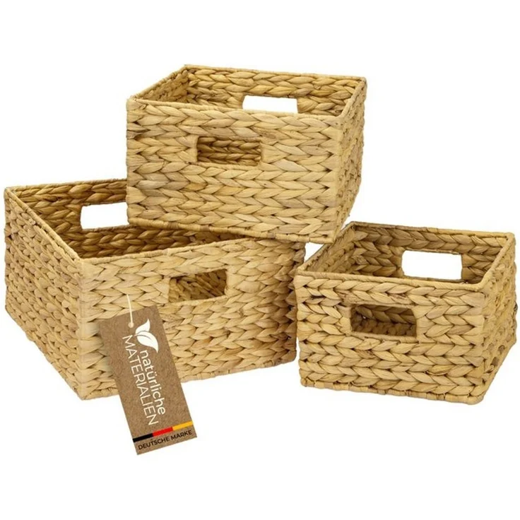 HMF Aufbewahrungskorb Aufbewahrungskorb, Korb geflochten aus Wasserhyazinthe (3 St), Regalkorb, quadratisch, 3er Set, 22 + 26 + 30 cm – Bild 4