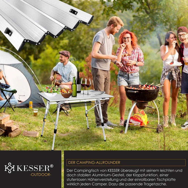 KESSER® Campingtisch faltbar Klapptisch mit Aluminiumrahmen Aufrollbare Tischplatte Falttisch klappbar höhenverstellbar inkl. Tragetasche mit Trageband & Netztasche Silber – Bild 6