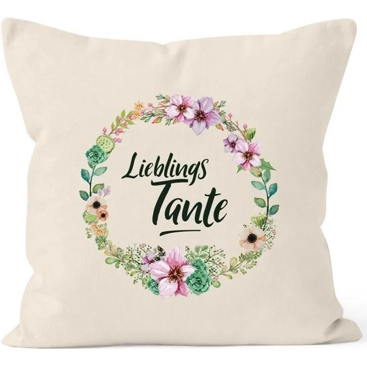 MoonWorks Dekokissen Kissenbezug Geschenk für Tante Lieblingstante Blumen Bordüre Blumenranke Blüten Baumwolle MoonWorks® – Bild 2