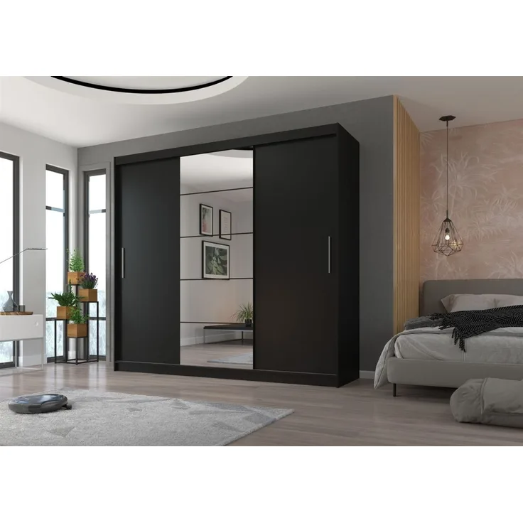 Schiebetürenschrank Schrank Nr. 490 in Schwarz matt- Spiegel 235 x 215 x 59 cm