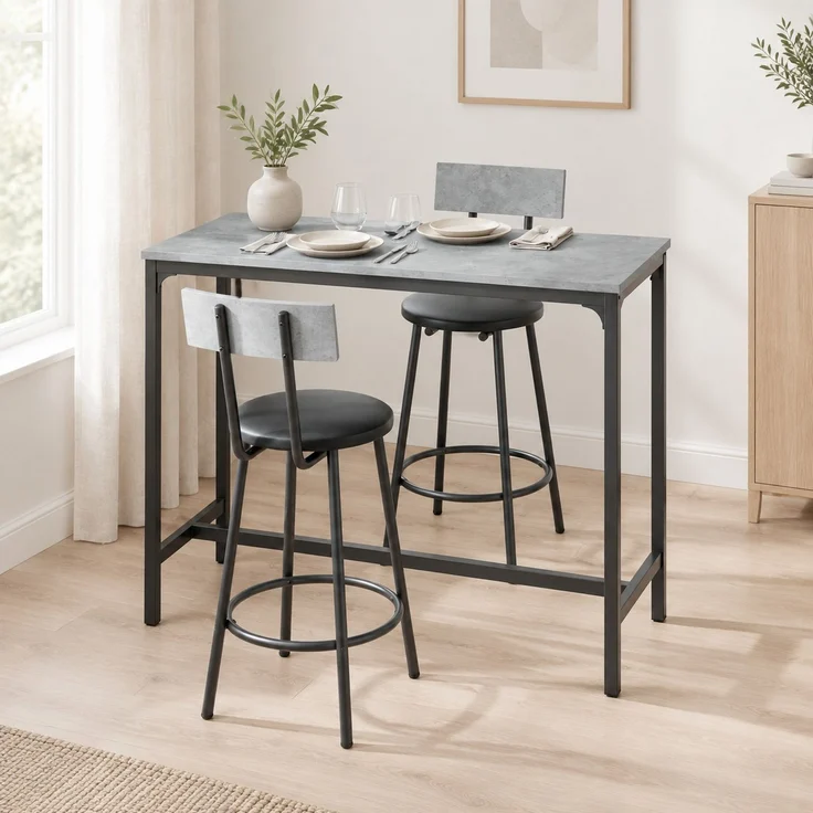 Bartisch-Set 100 x 40 x 90,5 cm mit 2 gepolsterten Barhockern und Fußstützen – Grau – Bild 3