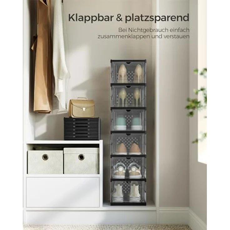 SONGMICS Schuhschrank, mit 6 Schuhboxen, integrierter Schuh-Organizer, faltbar, tragbar, für Schuhe bis Größe 46, 1-Min-Montage, transparent-tintenschwarz LSP205B01 – Bild 8