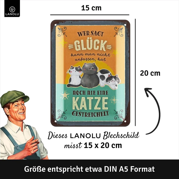 LANOLU Blechschild Glück Katze streicheln - 15x20cm – Metall – Mehrfarbig – 15216 – Bild 4