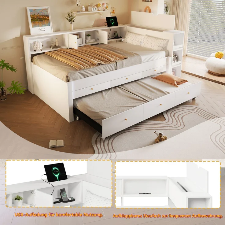 140x200 cm Holzbett mit USB-Ladeanschluss, 3 Schubladen und ausziehbarem Gästebett, Stauraumbett – Bild 4