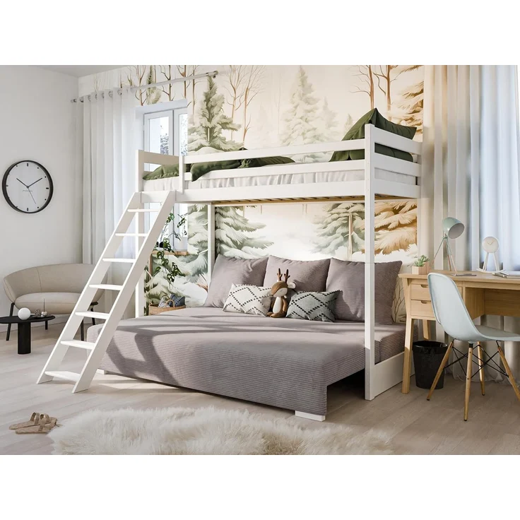 Kids Collective Hochbett 90x200 cm mit Schlafsofa 140x200 cm Couch in Cord-Stoff, 3 Kissen (Stockbett mit Leiter und Schlafcouch 200x140) OEKO-TEX100 mit 3 Kissen Sofa Etagenbett weiß 200x90 grau hellgrau