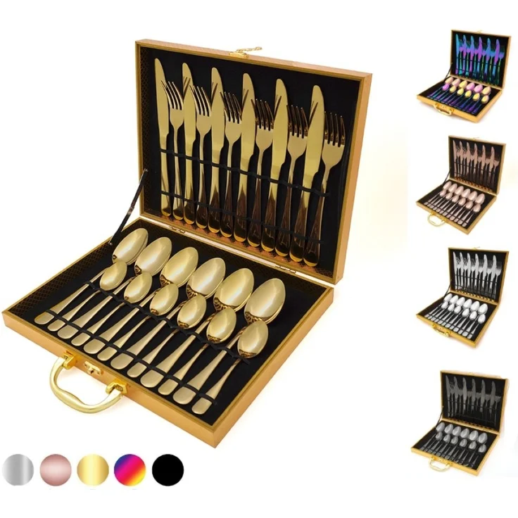 Besteckset 24-tlg Edelstahl für 6 Pers. mit Holzbox Gold – Bild 5