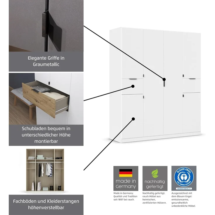 rauch Drehtürenschrank Kleiderschrank Schrank Garderobe Wäscheschrank TICAO (Schubladen in der Höhe variabel positionierbar) mit 2 geräumigen Schubladen, viel Stauraum MADE IN GERMANY – Bild 5