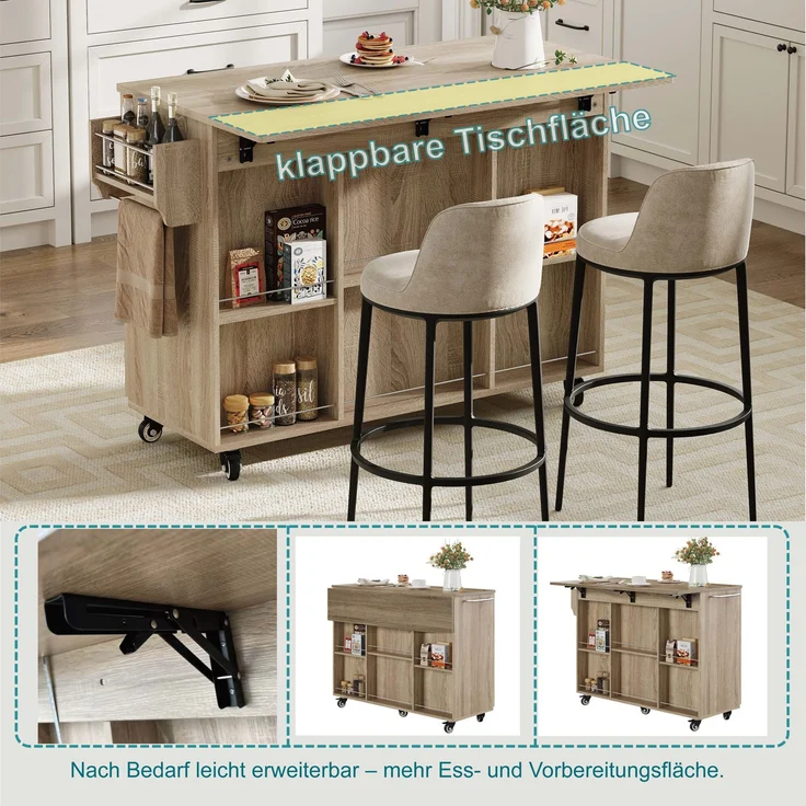 ZUBALIYA Küchenwagen 120 cm Arbeitsplatte – klappbare Arbeitsplatte, Schublade und 2 Schränke, 5 Rollen, 2 mit Bremse, Gewürzregal und Handtuchhalter, MDF, Sonoma-Eiche-Optik – Bild 7
