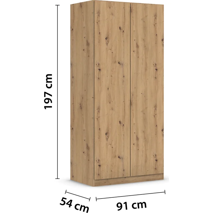 rauch Kleiderschrank, Drehtürenschrank COSTA, 2-türig, push-to-open, Eiche Artisan, 91 x 197 x 54 cm – Bild 4