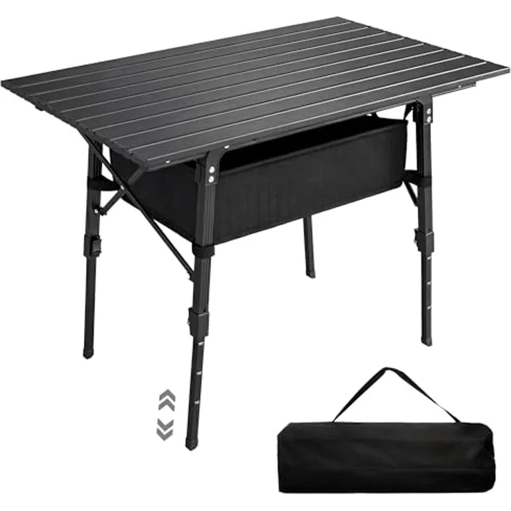 Outsunny Campingtisch Klappbarer, höhenverstellbarer, tragbarer Tisch (leichter Picknicktisch aus Aluminiumlegierung, 1-St, mit Aufbewahrungskorb und Tragetasche), für Gartenpartys im Freien, Grillen