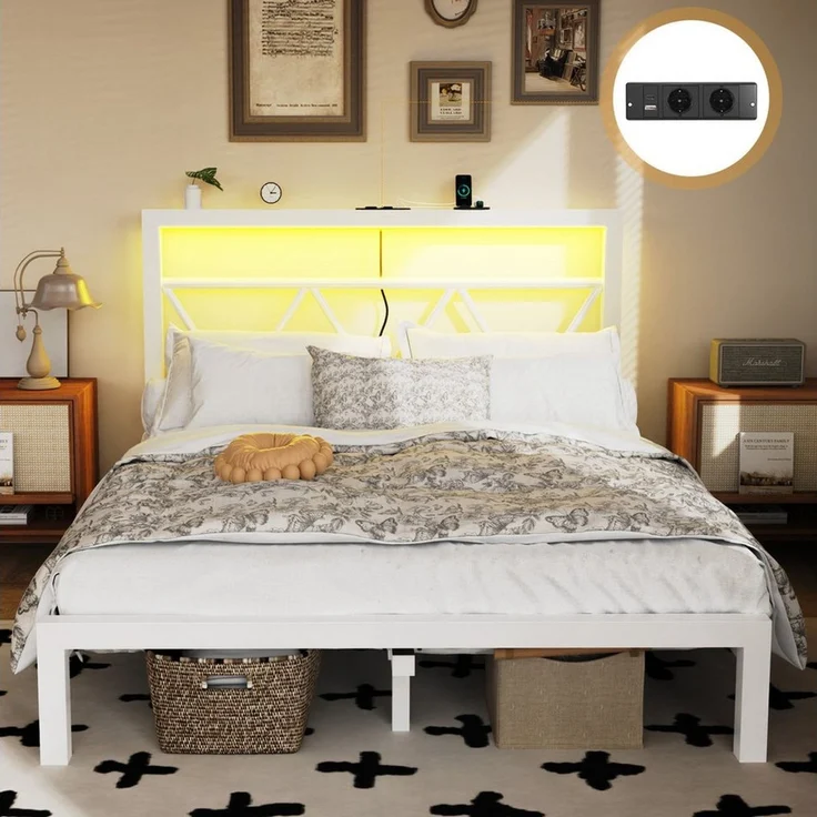 oyajia Metallbett Bettgestell mit LED-Beleuchtung, 90x200/140x200/160x200cm (mit aufladen USB Ladefunktion Kopfteil, 2AC + USB & TYPE-C,Minimalistischer), Ohne Matratze, Reichweite Speicher, Weiß – Bild 5