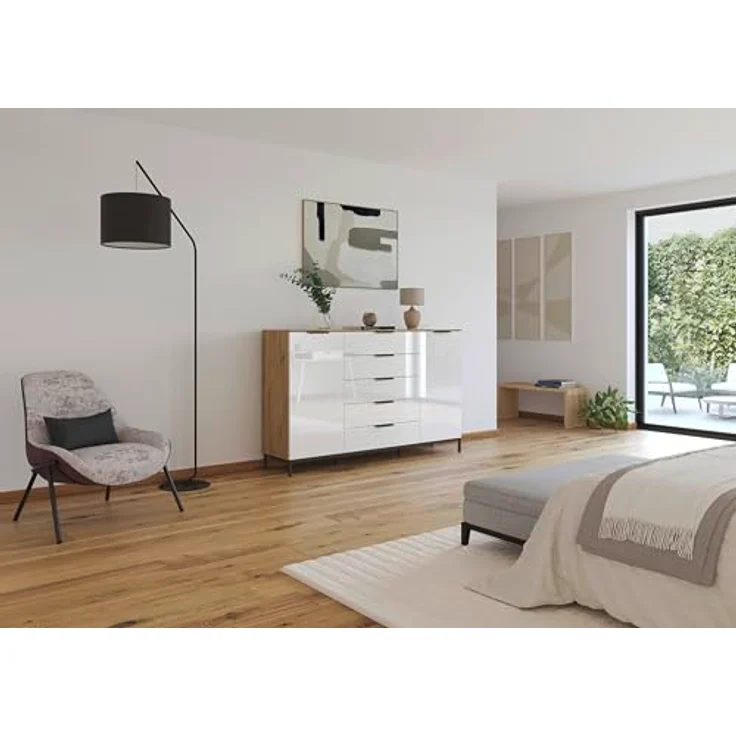 Rauch Möbel Flipp, Kommode mit Stauraum für Wohnzimmer, Schlafzimmer, Flur, 4 Fachböden, mit Metallkufe graphit, Eiche Artisan/Glasfront Weiß, 2-türig, 5 Schubkästen, Griffe graphit, 180 x 111 x 42 cm – Bild 3