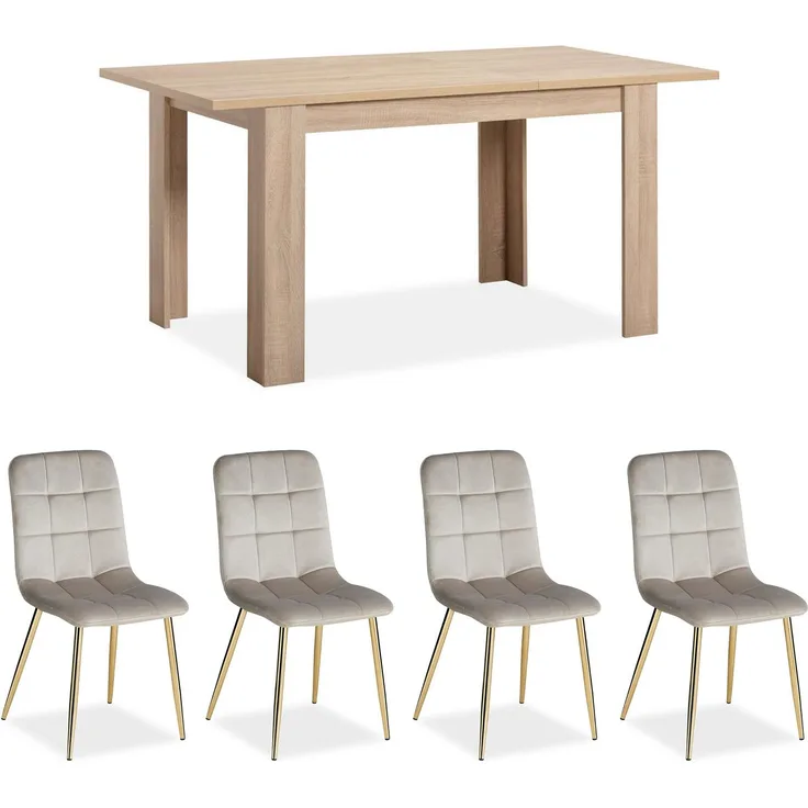 Esstisch mit 4 Stühlen Set Essgruppe Samt Polsterstühle Creme Küchentisch Modern Holz Natur 120x80 cm Esszimmertisch Massiv
