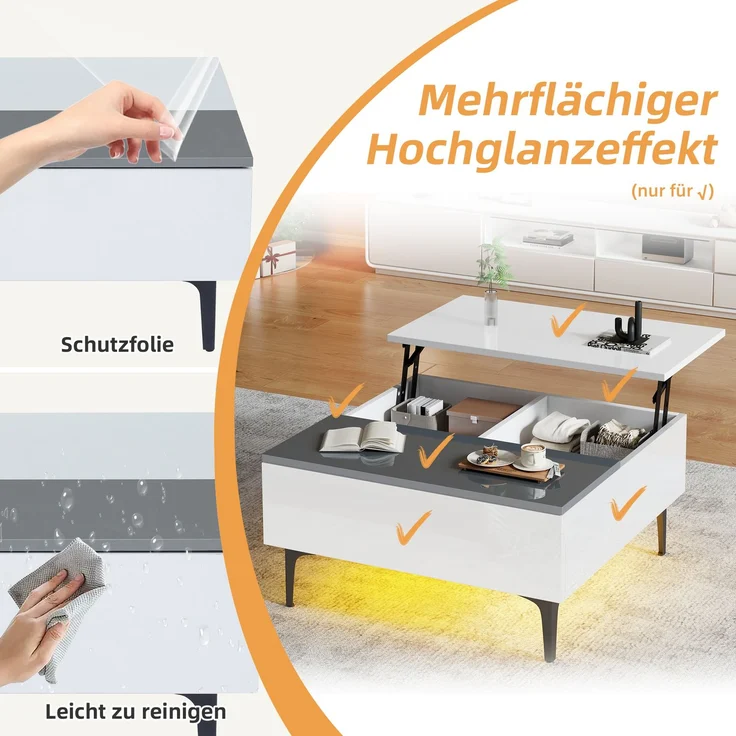 EINHOM 70 x 70 x 35 cm Couchtisch, Höhenverstellbarer Kaffeetisch mit Verstecktem Stauraum und Ablagen, Weißer Hochglanz-Wohnzimmertisch, Schreibtisch mit LED, Sofatisch mit Schubladen – Bild 5