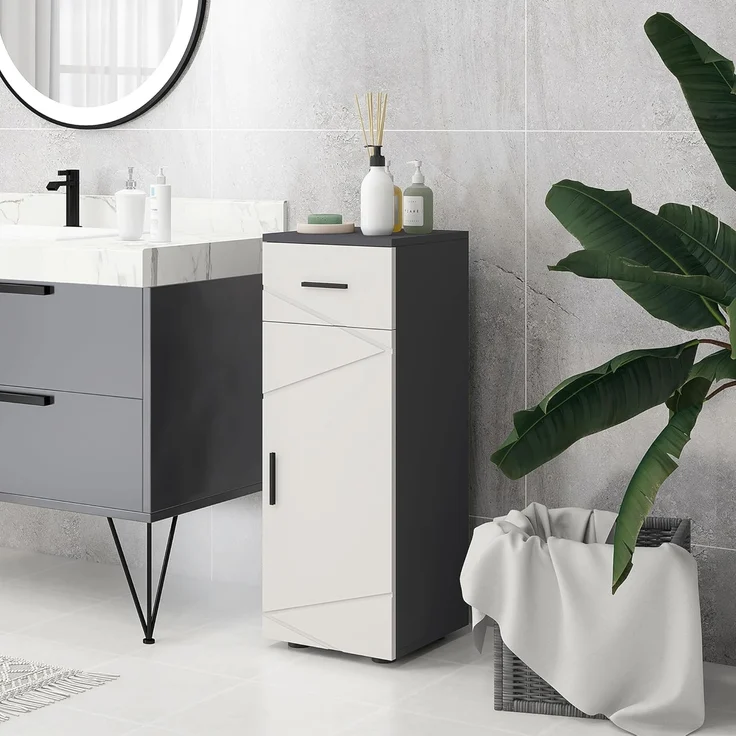 Kleankin Badkommode Badezimmerschrank mit Schublade, Verstellbar Ablagen (Badschrank, 1 St, Aufbewahrungsschrank), für Badezimmer, Wohnzimmer 30 x 30 x 82 cm Grau – Bild 2