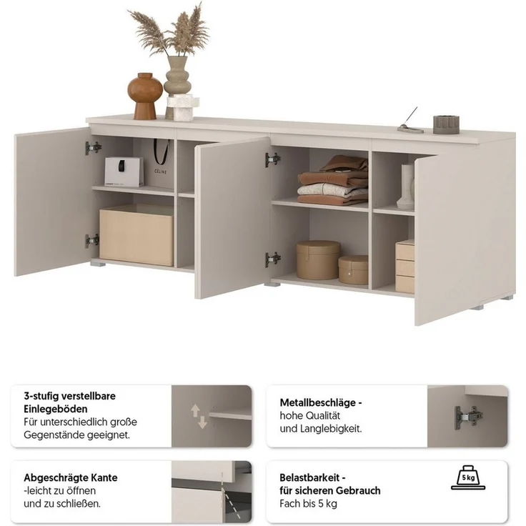 OTTO home Sideboard Modo, Breite 200 cm, moderne grifflose Kommode 4Türen, Anrichte mit viel Stauraum, Einlegeböden verstellbar – Bild 3