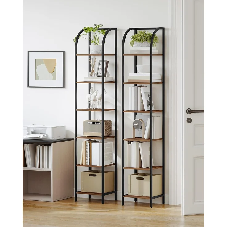Bücherregal, 6 Ebenen Standregal, DVD-Regal, Schmale Regale, Offenes Regal, Industriestil, Metallrahmen, Geeignet für Arbeitszimmer, Wohnzimmer, Schlafzimmer, Küche, Braun – Bild 3
