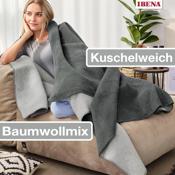 Ibena 'Dublin' Uni Doublefacedecke, Baumwollmischgewebe anthrazit/silber, 150x200cm – Bild 2