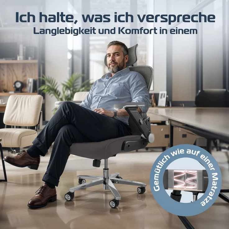 CLOUVOU PowerSeat, ergonomischer Bürostuhl, thermoregulative Materialien, 5D-Armlehnen, 3D-Kopfstütze, PhantomWheels, Anthrazit – Bild 6