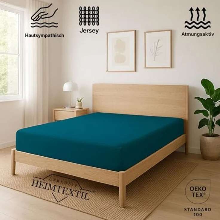 EXKLUSIV HEIMTEXTIL Jersey Spannbettlaken Premium 140 x 200 cm Petrol 100% Baumwolle Öko - Tex Zertifiziert Bed-Sheet Bettlaken Spannbetttuch Topper Leinentuch – Bild 2