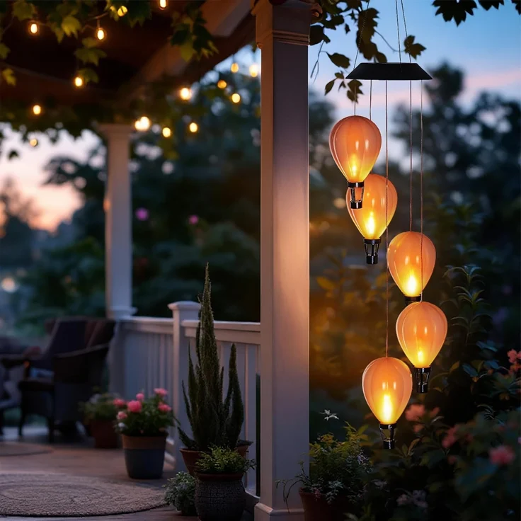 Spetebo LED Dekolicht Solar LED Windspiel mit 5 beleuchteten Heißluftballons - 82 cm, Solar betrieben, LED fest integriert, warm weiß, warm weiß mit Flammeneffekt – Bild 7