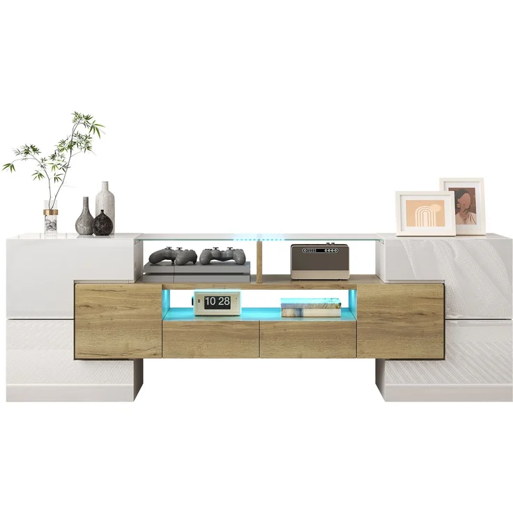 TV-Schrank 145 cm Hochglanzweiß und Holz mit LED-Beleuchtung, 6 Türen, 2 Schubladen, 3 offene Fächer – Bild 10