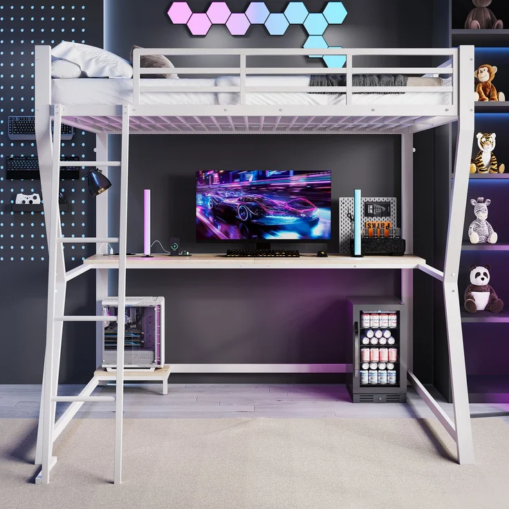 Hochbett, 140*200cm , Mit LED-Leuchten, Computerkonsolenablage, Schreibtisch, Steckdose+USB, Geländer, Treppe, ohne Matratze, Weiß – Bild 3