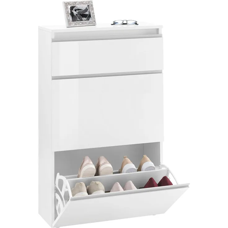 Schuhschrank >Magione< in Weiß Hochglanz - 60x108x26.5cm (BxHxT)