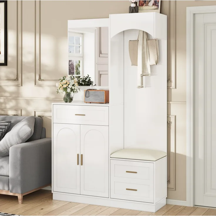 Kompaktgarderobe mit Schuhschrank, Schuhbank, Kosmetikspiegel, verstellbare Einlegeböden, MDF weiß, platzsparend
