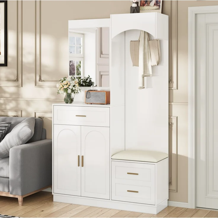 Kompaktgarderobe mit Schuhschrank, Schuhbank, Kosmetikspiegel, verstellbare Einlegeböden, MDF weiß, platzsparend – Bild 1