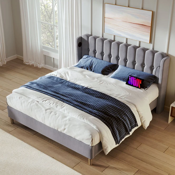 Einzelbett 140x200 cm Grau Leinen mit USB & Type-C Ladeanschluss,gepolstertes Kopfteil,Design-Paneel,stabiler Rahmen – Bild 5