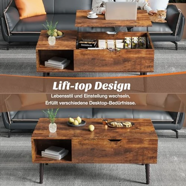 Sweetcrispy Couchtisch Höhenverstellbar, Tisch Wohnzimmertisch, offener und versteckter Stauraum Couchtisch, Sofatisch Beistelltisch, 100x50 cm Sofatisch aus Holz für Wohnzimmer, Braun – Bild 5