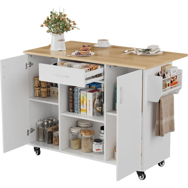ZUBALIYA Küchenwagen 120 cm Arbeitsplatte – klappbare Arbeitsplatte, Schublade und 2 Schränke, 5 Rollen, 2 mit Bremse, Gewürzregal und Handtuchhalter, MDF, Weiß, Eichenoptik – Bild 11