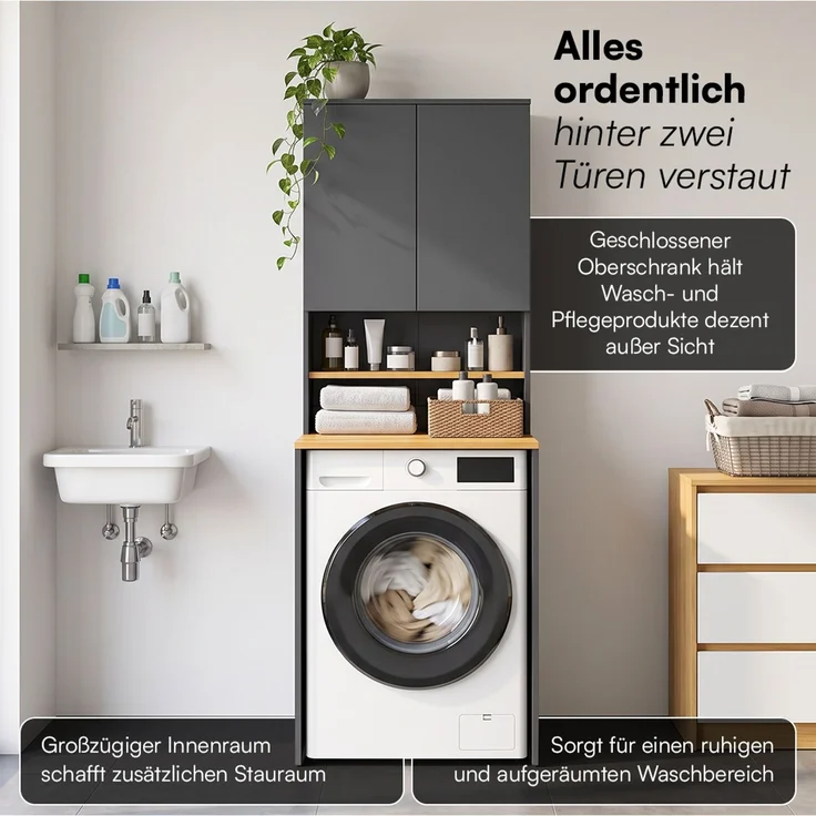 Bellamio 'Vist' Waschmaschinenschrank mit Regal und Oberschrank, Waschturm für Waschmaschine & Trockner, mit 2 Fächern und 2 Ablagen, mit Wandanschluss für Standardgeräte, Bad/HWR, Anthrazit/Eichenoptik – Bild 4