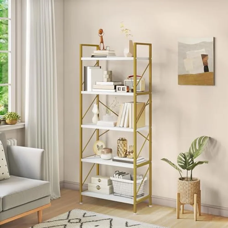 YITAHOME Bücherregal, Standregal mit 5 Ebenen, Hohes Lagerregal mit Metallrahmen, Industrielles Ausstellungsregal, Regaleinheiten, für Wohnzimmer, Schlafzimmer, Homeoffice, Küche, Gold Regal – Bild 2