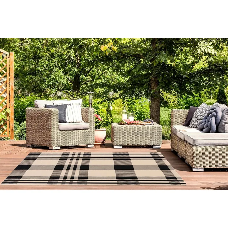 Safavieh Zeitgenössisch Teppich für Wohnzimmer, Esszimmer, Schlafzimmer - Courtyard Collection, Kurzer Flor, Schwarz und Knochen, 160x230 cm