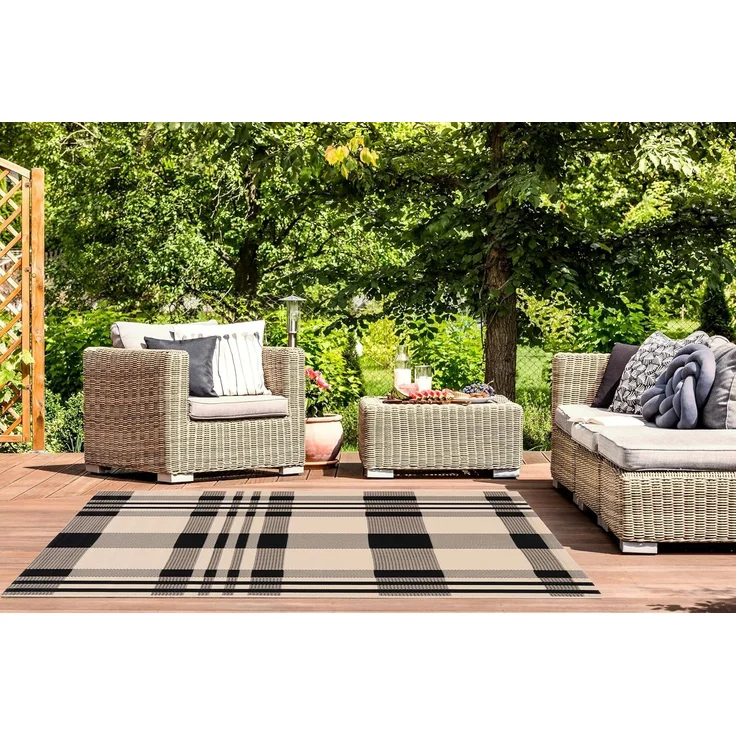 Safavieh Zeitgenössisch Teppich für Wohnzimmer, Esszimmer, Schlafzimmer - Courtyard Collection, Kurzer Flor, Schwarz und Knochen, 160x230 cm
