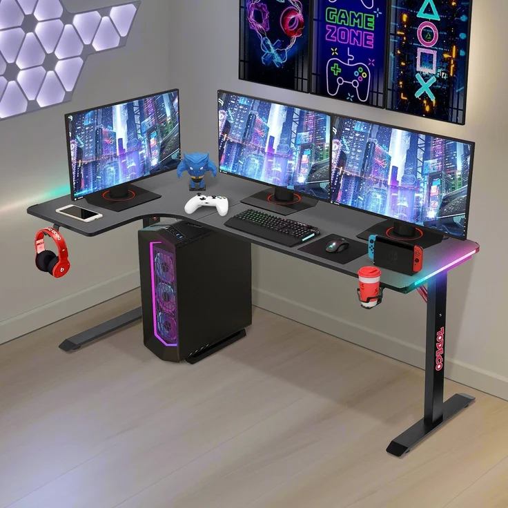 Todeco L-förmiger Gaming-Computertisch mit LED-Leuchten, Eckschreibtisch 160 x 100cm Gaming Schreibtisch, PC Tisch Gaming mit Kohlefaseroberfläche, mit Kopfhörerhaken Getränkehalter – Bild 2