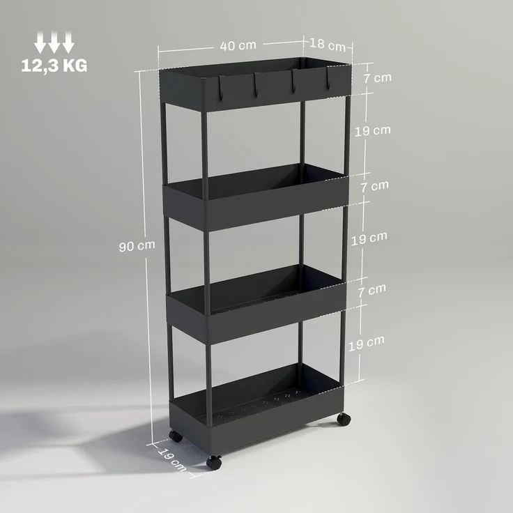 Rayofly-Küchenwagen mit 4 Regalen, 4 Haken, 4 Rollen, Nischenwagen, Schwarz, H 90cm x T 40cm x B 19cm – Bild 5