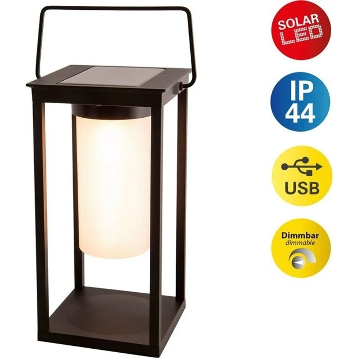 näve LED Solarleuchte Camping, USB-Ladefunktion, mehrere Helligkeitsstufen, LED fest integriert, Warmweiß, mit Henkel, 2 Helligkeitsstufen per Touch, USB Ladeanschluss, schwarz – Bild 4